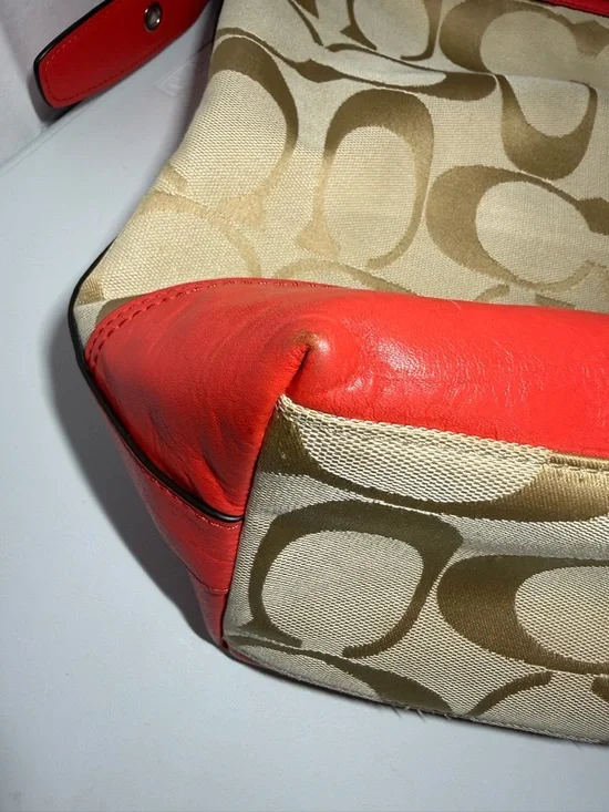 Coach Signature Canvas Red Leather Trim Large Shoulder Bag Hobo Tassel - Picture 16 of 16